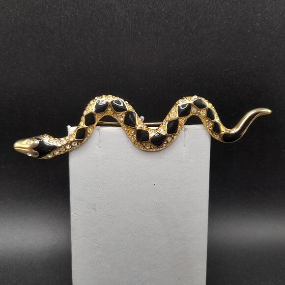 Vintage Snake Brooch, Black Enamel, Clear Rhinestones, 80s Jewelry - Picture 10 of 11